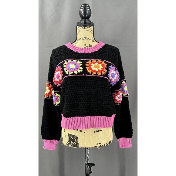 Forever 21 Sweater Women S Floral Cropped Boxy Knit Granny Square Hippie‎ Boho - Picture 1 of 6